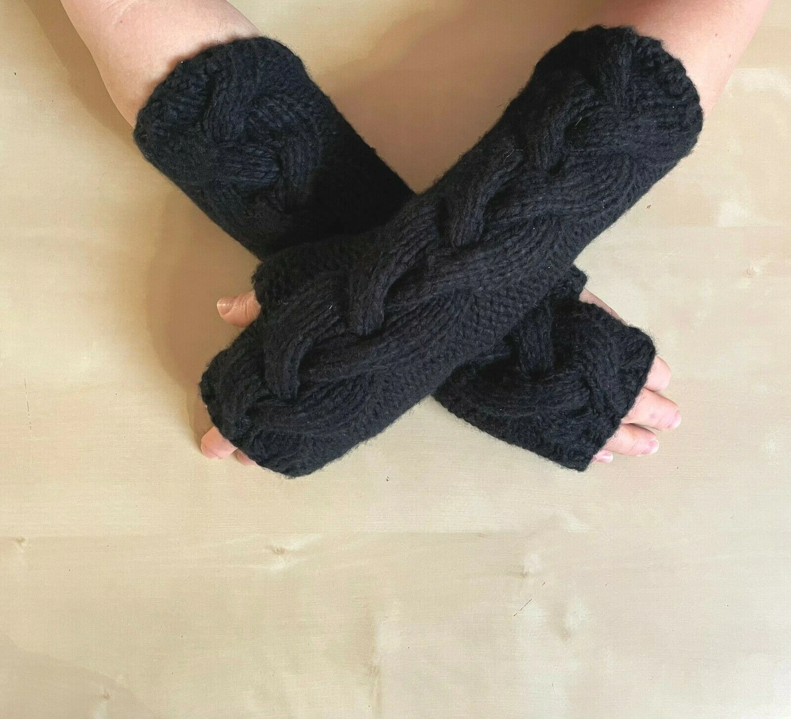 Mittens Gloves Hand Knit 100 % Baby Alpaca Fingerless Gloves Black Winter Gift