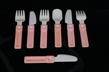 CDI PRETEND PLAY 7 PIECE REPLACEMENT PLASTIC WHITE  PINK FORKS KNIVES  SPOON