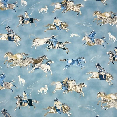 P KAUFMANN ALTAI RIDERS HORIZON BLUE COWBOY HORSES COTTON FABRIC BY YARD 54"W