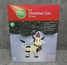 Christmas Cow 32" LED Pre-Lit Yard Art Light Up Holiday White Black Santa Hat