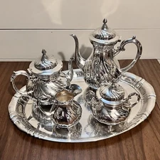 WMF Silver plate Coffee Tea Set 5pc with Tray 18in Swirl Pattern Germany