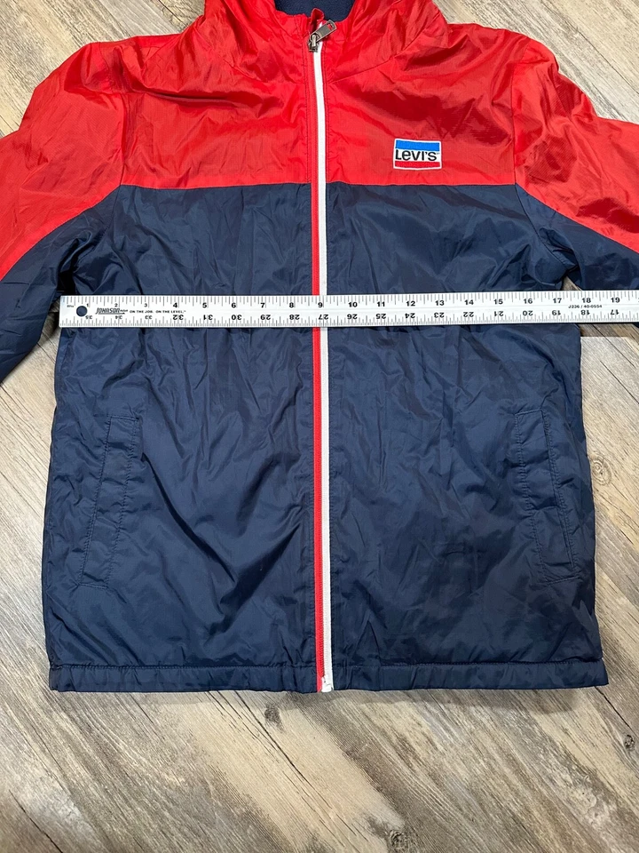 Levi’s Youth 16 Nylon Jacket Red Blue Hooded Chenille Patch A176 CM Flaw READ - Image 3 of 4