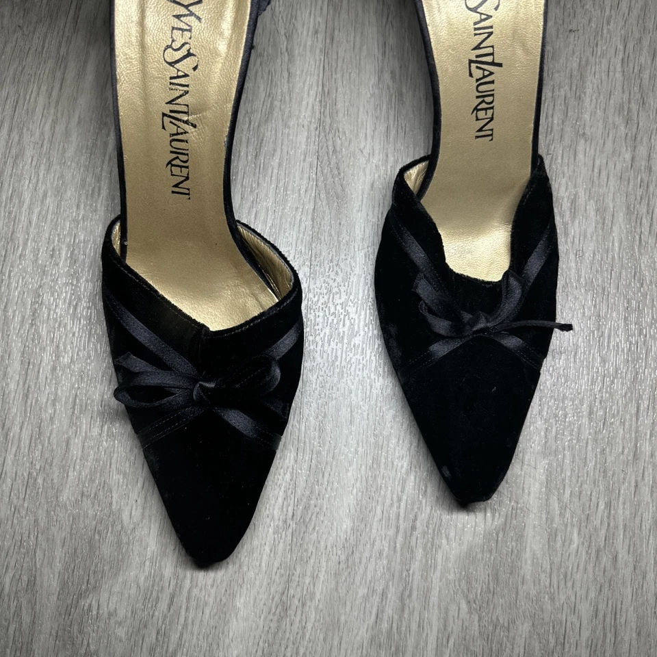 VINTAGE Yves Saint Laurent Mujer Pajarita Gamuza Negra CORREA AL TOBILLO TALLA 6M Foto 2 de 4