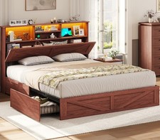Farmhouse Bed Frame Queen Size with Bookcase Storage Headboard Charging Station
