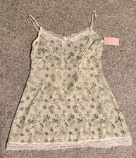 Women s XS Floral Lace Trim Full Slip Camisole Adjustable Straps Bow Beige