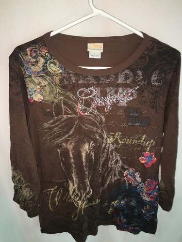 WOMENS BROWN RHINESTONE COWGIRL T SHIRT TOP TUNIC CASUAL 100% COTTON SIZE L 44"