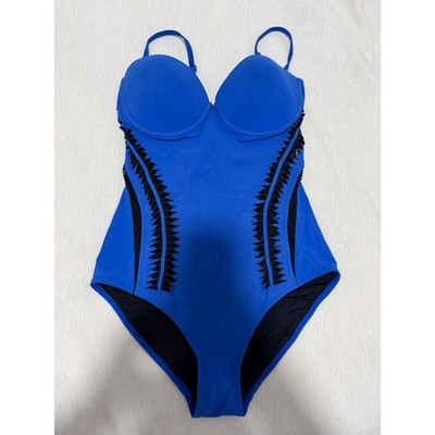 Moeva London Blue One-Piece Swimsuit with Mesh & Black Detailing Size S