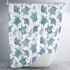 Sea Turtle Shower Curtain Blue Teal Ocean Nautical Bath Curtain Fish Animal S...