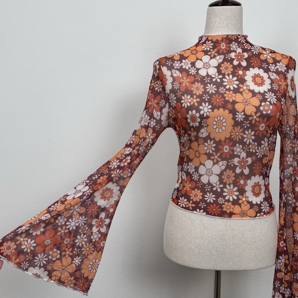 Top de malla floral sin marca para mujer M naranja transparente recortado manga campana indie boho Foto 4 de 4