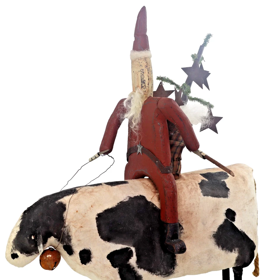 vtg folk art ORIGINAL Dan DiPaolo Whirligig Santa on Cow Xmas sculpture 20x16 - Image 2 of 4