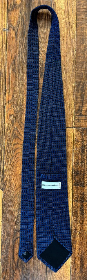 Corbata vintage para hombre Bruno Rossi 100 % seda estampado azul geométrico hecha a mano Foto 4 de 4