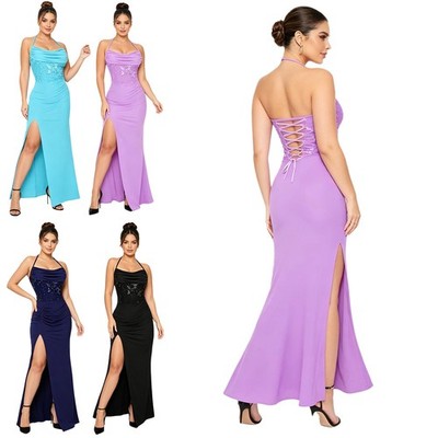 Womens Sundresses Embroidered Gown Evening Maxi Dress Formal Cowl Neck  Summer | eBay