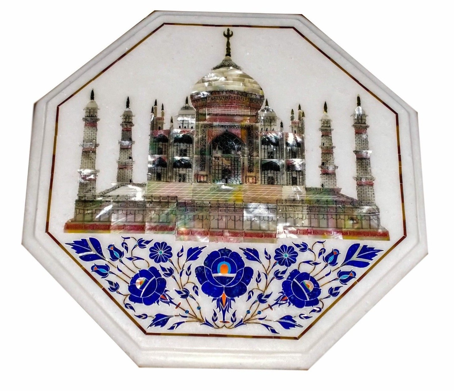 12-inch Marble Table Top with Taj Mahal Inlay and Semi-Precious Stones Handmade Furniture