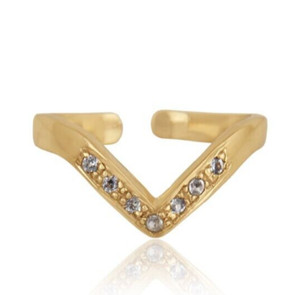 Authentic Wishbone Gold Plated Adjustable Ring With White Topaz Gemstone V Shape Rings