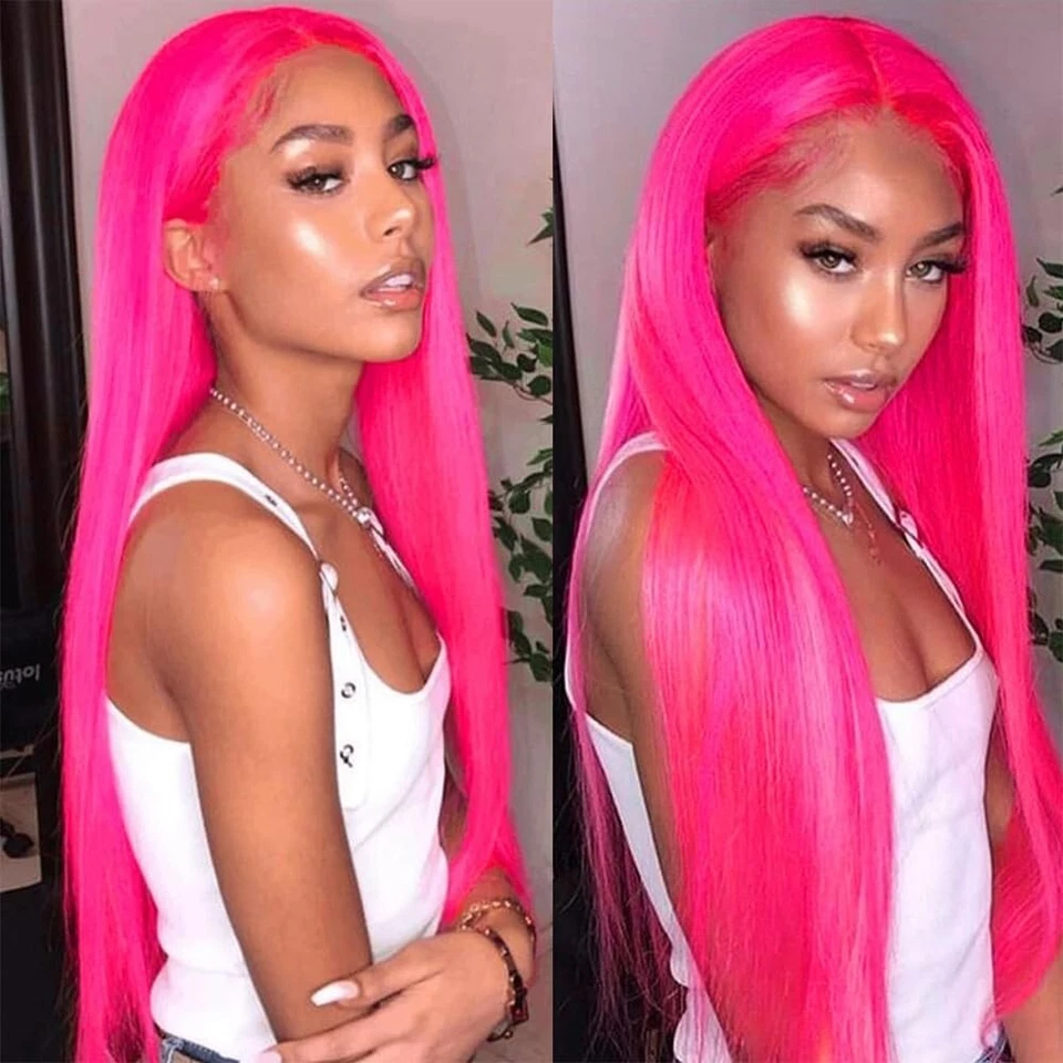 Peluca frontal de encaje sintética larga recta rosa caliente peluca pre arrancada línea del cabello natural Foto 3 de 4