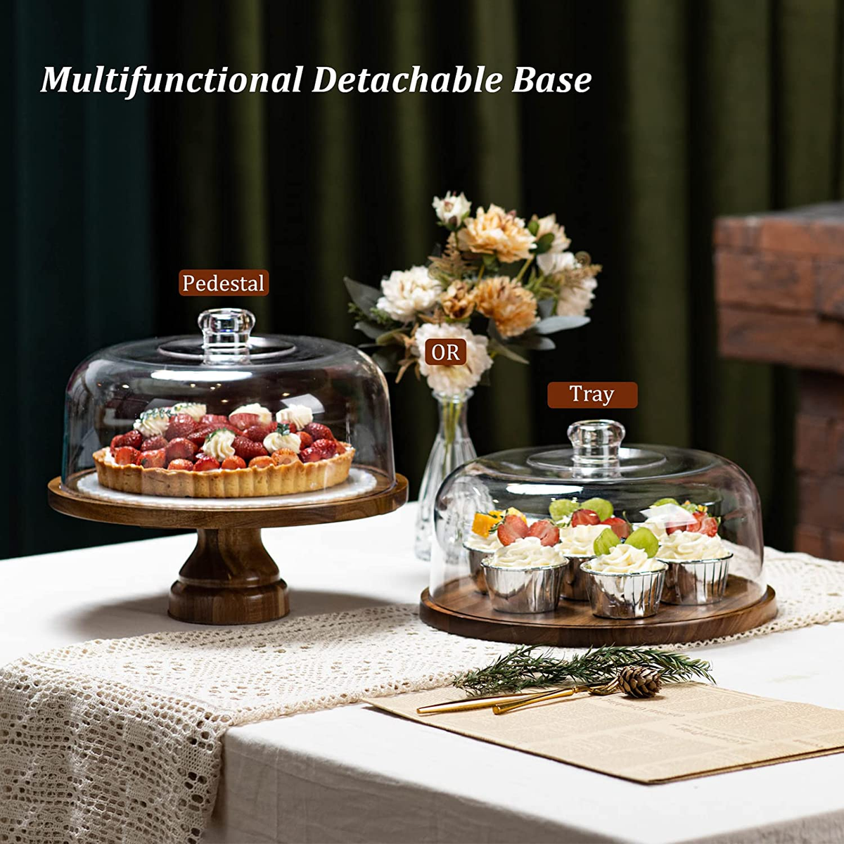 Cake Stand with Dome Lid, Acacia Wood Cake Plate with Cover