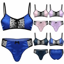 Sissy Mens Satin Bra Bralette Lace Panties Underwear Pouch Crossdress Bikini Set