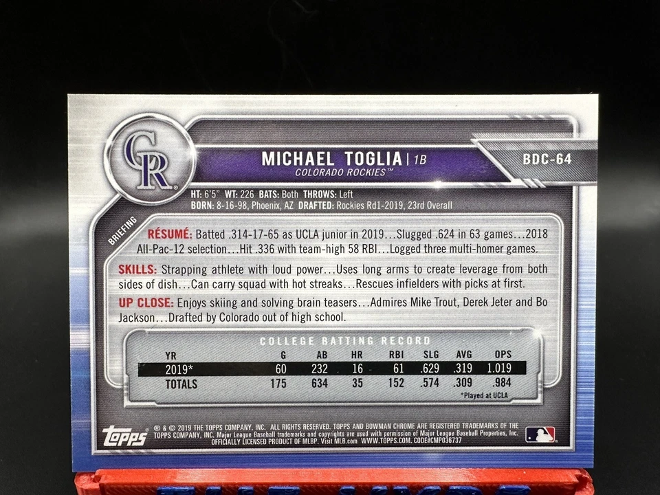 Michael Toglia ASIA Refractor 1st Bowman Chrome 2019 Bowman Draft BDC-64 SP MOJO - Image 2 of 2