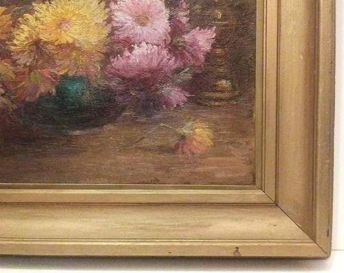 STUNNING ANTIQUE STILL LIFE DAHLIAS in VASE ORIG OIL on CANVAS MYSTERY ARTIST - Picture 9 of 10