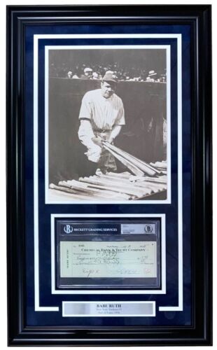 Babe Ruth Signed Framed Bank Check w/ 11x14 New York Yankees Photo BAS Auto 9 - Afbeelding 1 van 2