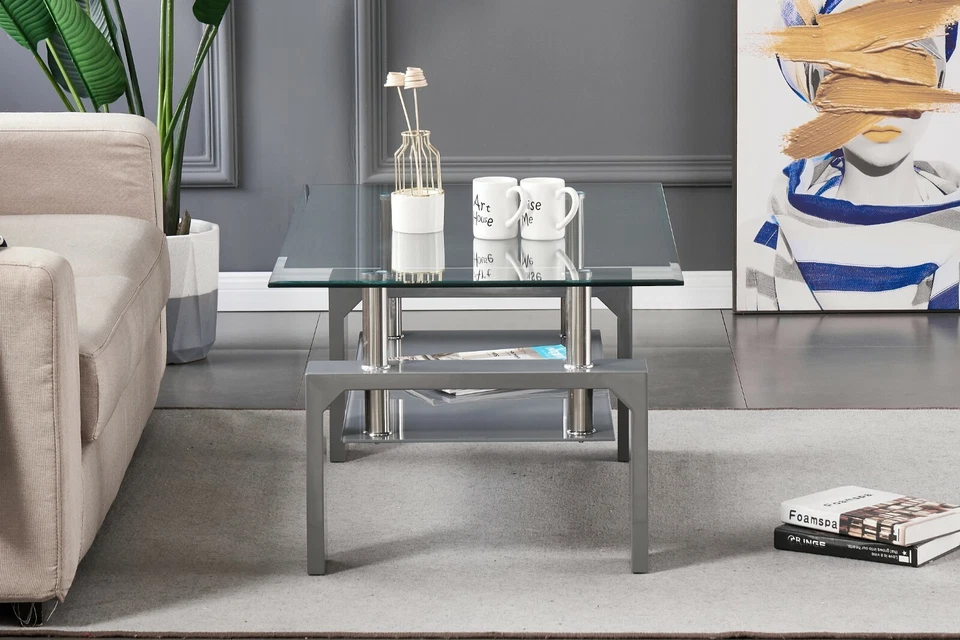 Coffee Table Clear Glass Top with Grey Shelf and Grey High Gloss Legs Modern - Image 4 of 4