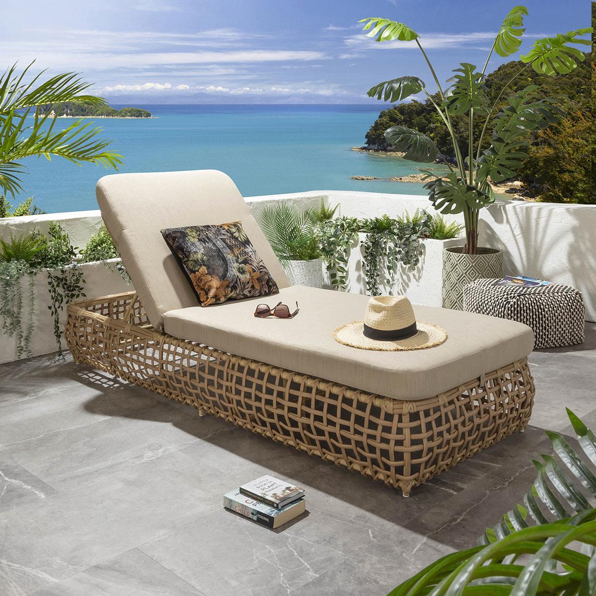 Luxury Outdoor Garden Cushioned Rattan Sun Lounger Reclining Beige