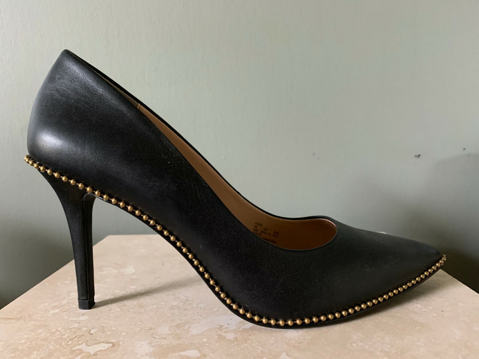 COACH BLACK Leather Waverly BeadChain Pumps Gold Studded 3.5" Heel 10B NEW 398 eBay