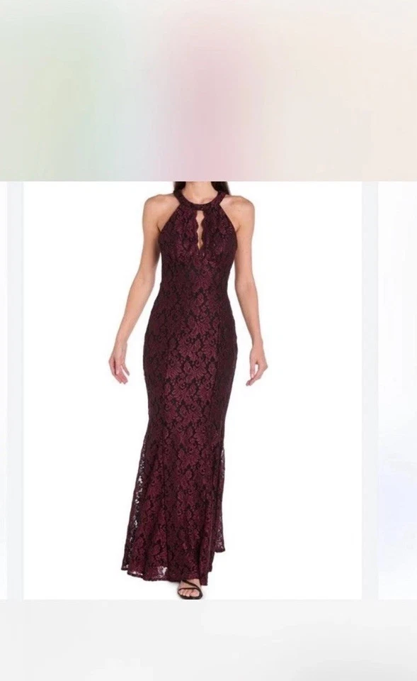 Vestido R&M Vintage Años 90 Borgoña Rojo y Negro Encaje Halter Formal Baile de graduación Talla 4 Foto 2 de 4