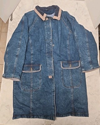 Vintage Izzi Sport Womens  Denim Jacket Long Barn Coat Corduroy Collar Sz Large