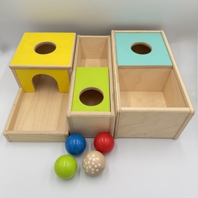 Lovevery Lot Ball Drop & Sliding Top Boxes w/ 4 Balls Wooden Montessori Toys