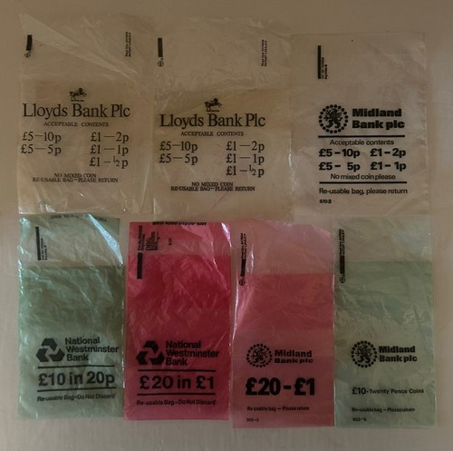 7 x Vintage Midland Bank, Nat West & Lloyds plastic Money Bags Coin Collectors