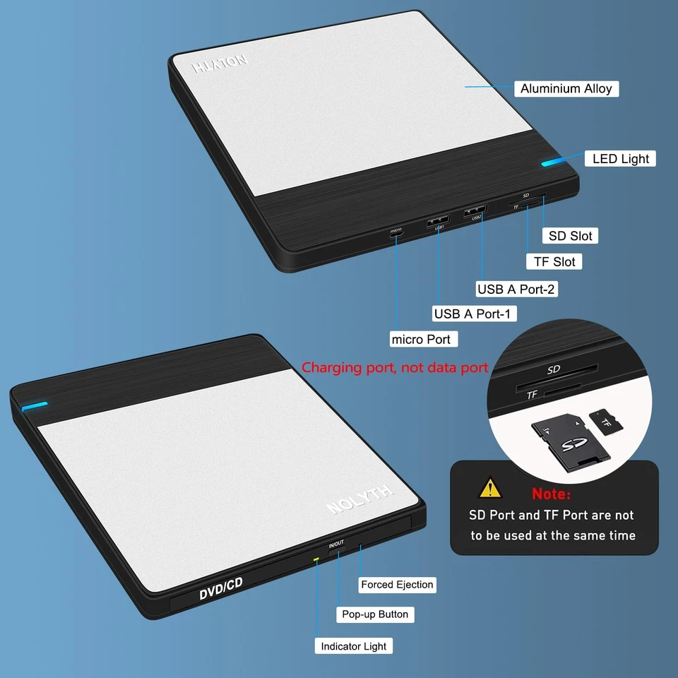 Unidad externa de CD/DVD para computadora portátil grabar DVD y CD para archivos copia de seguridad de datos compatible... Foto 4 de 4