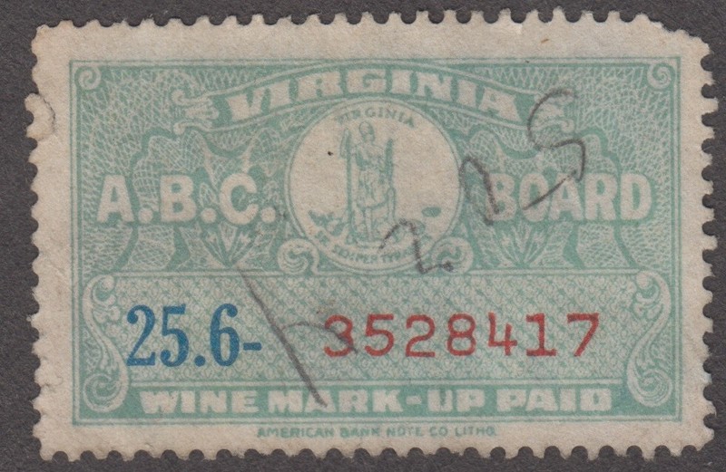 United States. Virginia A.B.C. BOARD WINE MARK-UP Paid Stamp 25.6