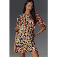 Farm Rio x Anthropologie Puff-Sleeve Fitted Mini Dress Yellow Green Size XL NWT
