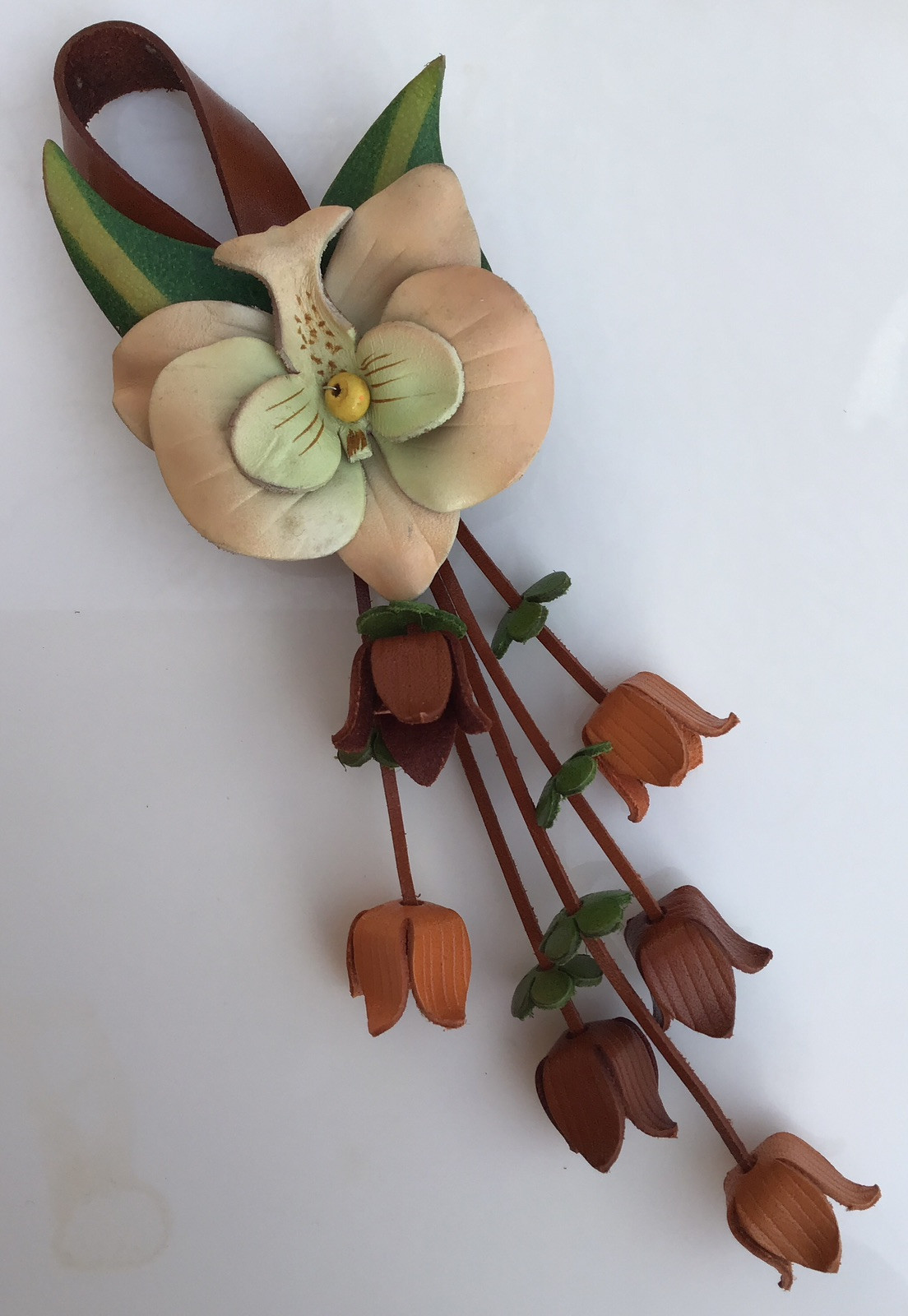 Handmade Genuine Leather Orchid in White/Orange Tips (Leather Snap) Bag Charm