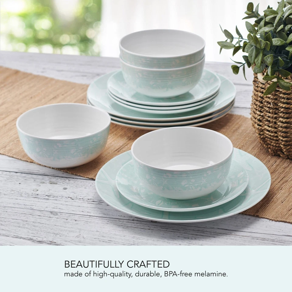 Venice 12 Piece Outdoor Melamine Dinnerware Set, Service for 4,Teal - Image 3 of 4