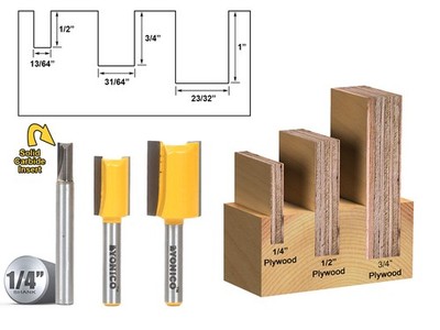 3 Bit Undersize Plywood Dado Router Bit Set - 1/4'' Shank - Yonico 14323q