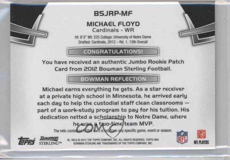 2012 Bowman Sterling Rookie Box Topper /99 Michael Floyd Jumbo Patch RC - Image 2 of 2