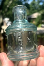 NICE AQUA COLORED ANTIONE SPOOL SHAPED INK BOTTLE PONTIL SCAR 1870'S ERA L@@K