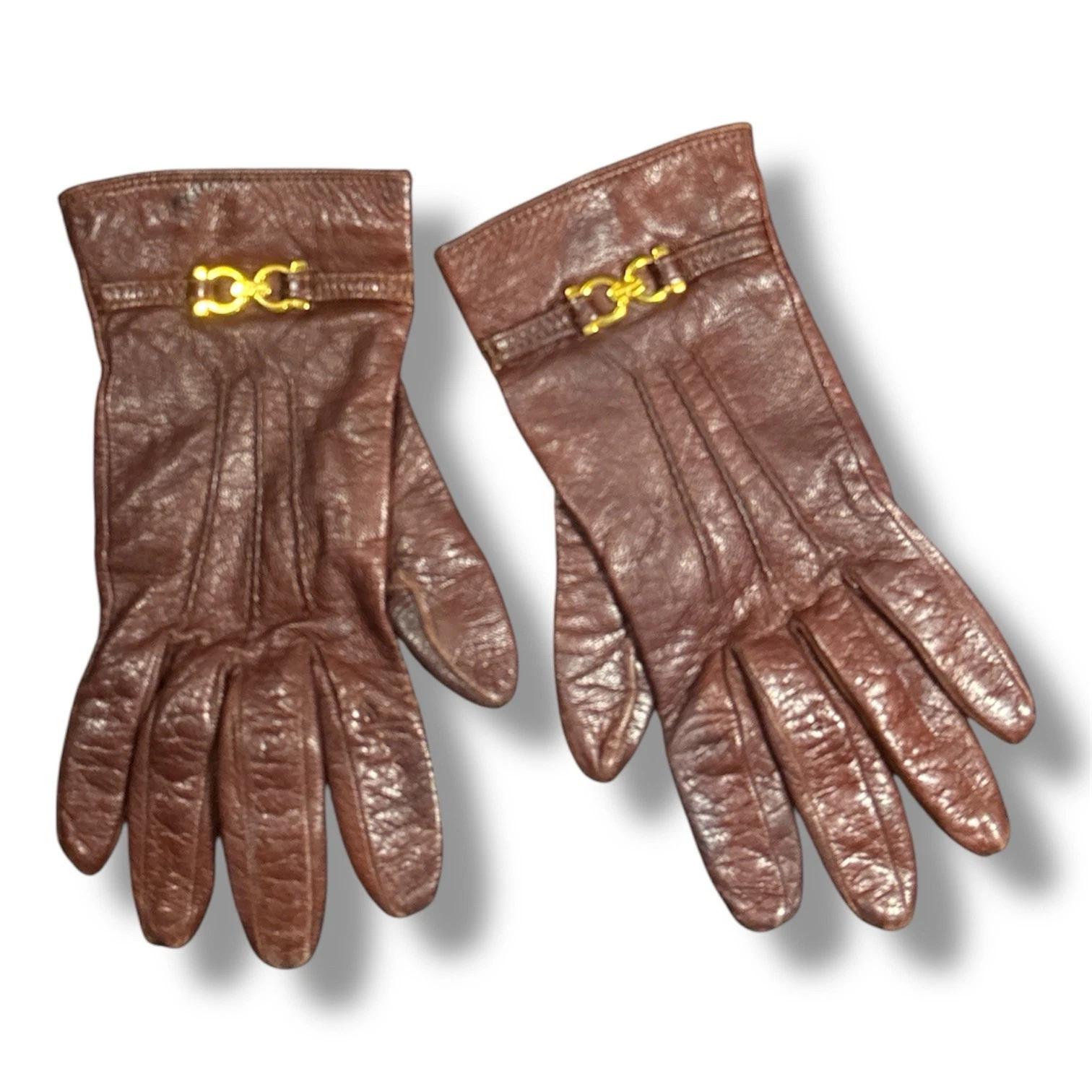Vintage Salvatore Ferragamo Burgundy Leather Gloves Gancini Silk Lined Italy 7.5