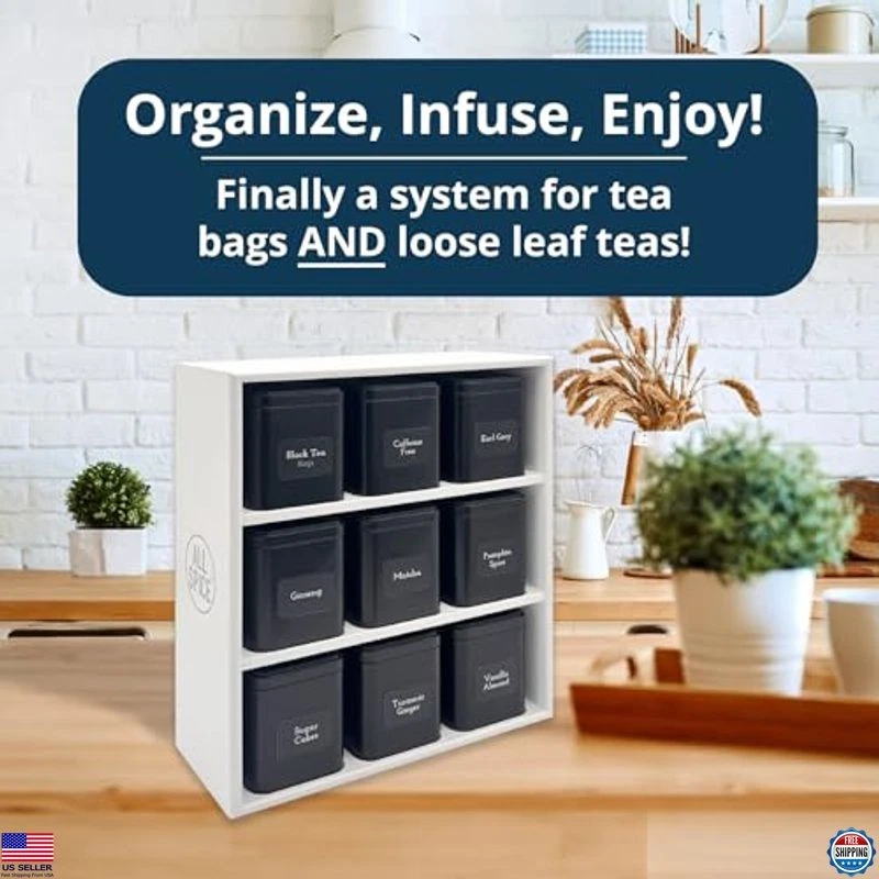 Rack organizador de chá AllSpice com 9 latas e 160 etiquetas magnéticas – Perfeito para - Imagem 3 de 4