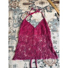 Vintage Hand Beaded y2k Open Back Tie Top Crop Pink Floral Halter Tank Medium