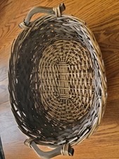 VTG Thick Woven Oval Rattan Wicker Gathering Basket Wood Handles Boho Rustic
