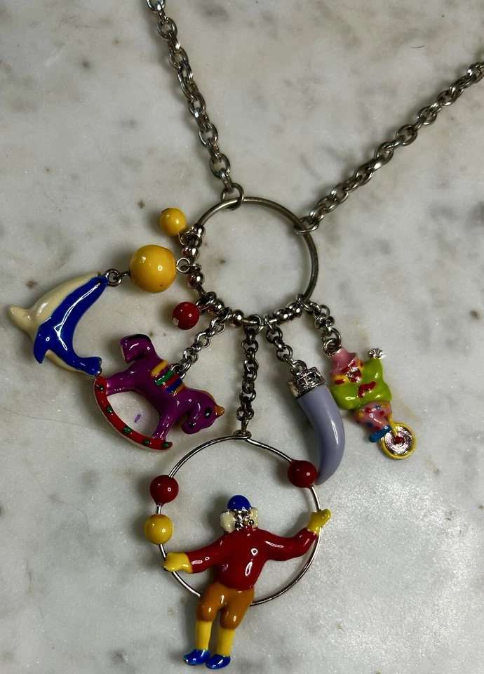 Vintage Circus Theme Charm Necklace Clown Seal Horse Enamel Statement - Image 2 of 4