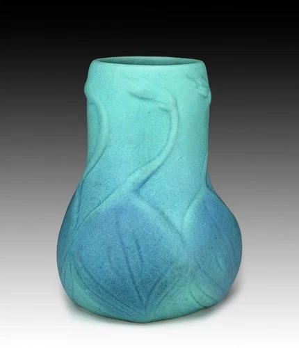 Van Briggle 5” Art Pottery Vase Turquoise Blue Green Matte Glaze w/ Leaves Decor