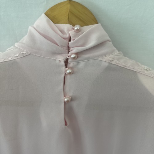 Vtg Pink Chiffon Blouse Embroidery Pleats Shoulder Pads Spring Office *Womens 14 - Picture 15 of 24