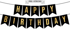 Pre-Strung Happy Birthday Banner - Black Birthday Banner with Gold Letters