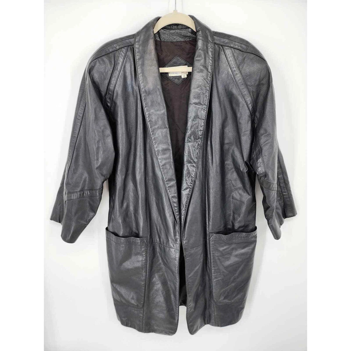 Vintage Tibor Leather Jacket Coat M Shawl Collar Oversized 100 Genuine Black