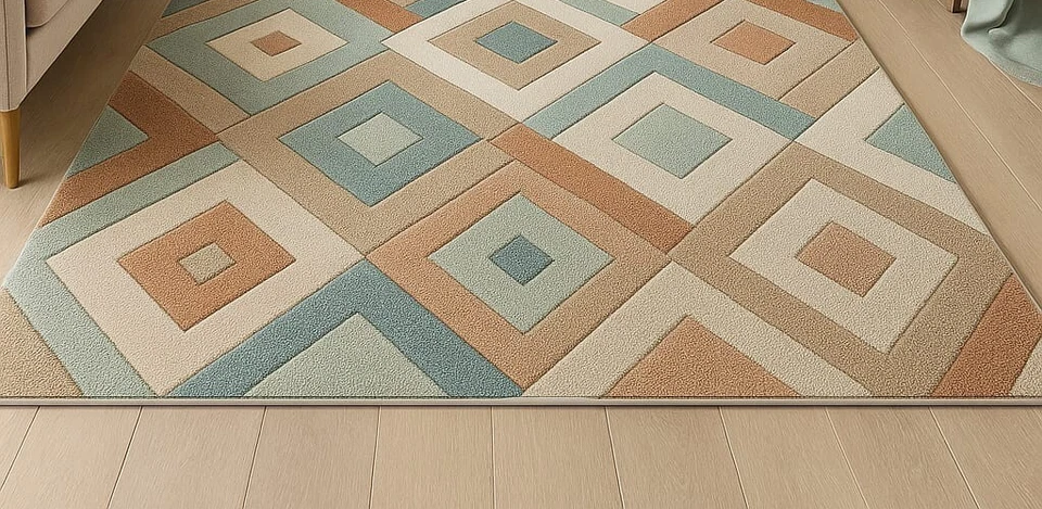 Alfombra de lana 4x6, 5x8, 8x10 beige verde azulado y terracota acolchada a mano con patrón de diamante Foto 3 de 4