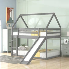 Twin Size Bunk House Bed with Slide and Ladder Wood Bunk Bed Frame
